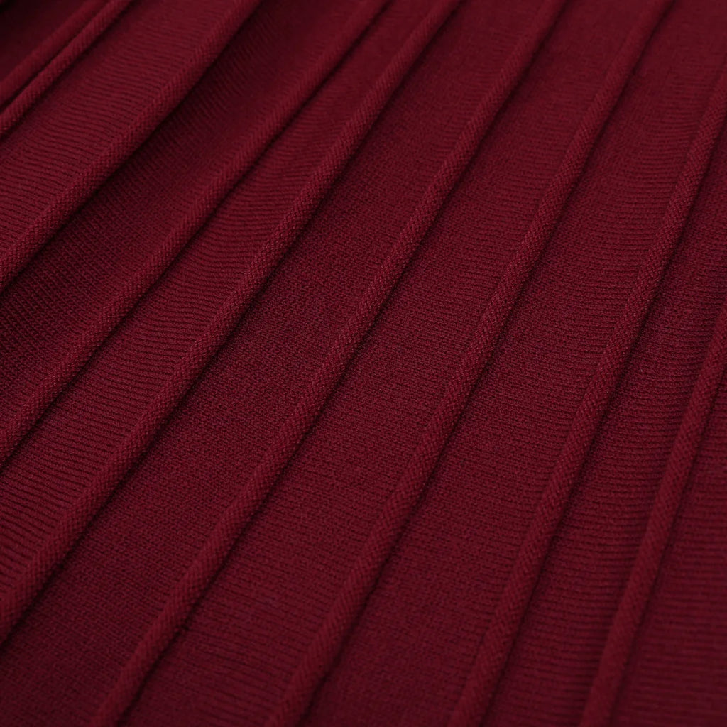 Contrast Trim Button-Front Pleated Knit Midi Dress