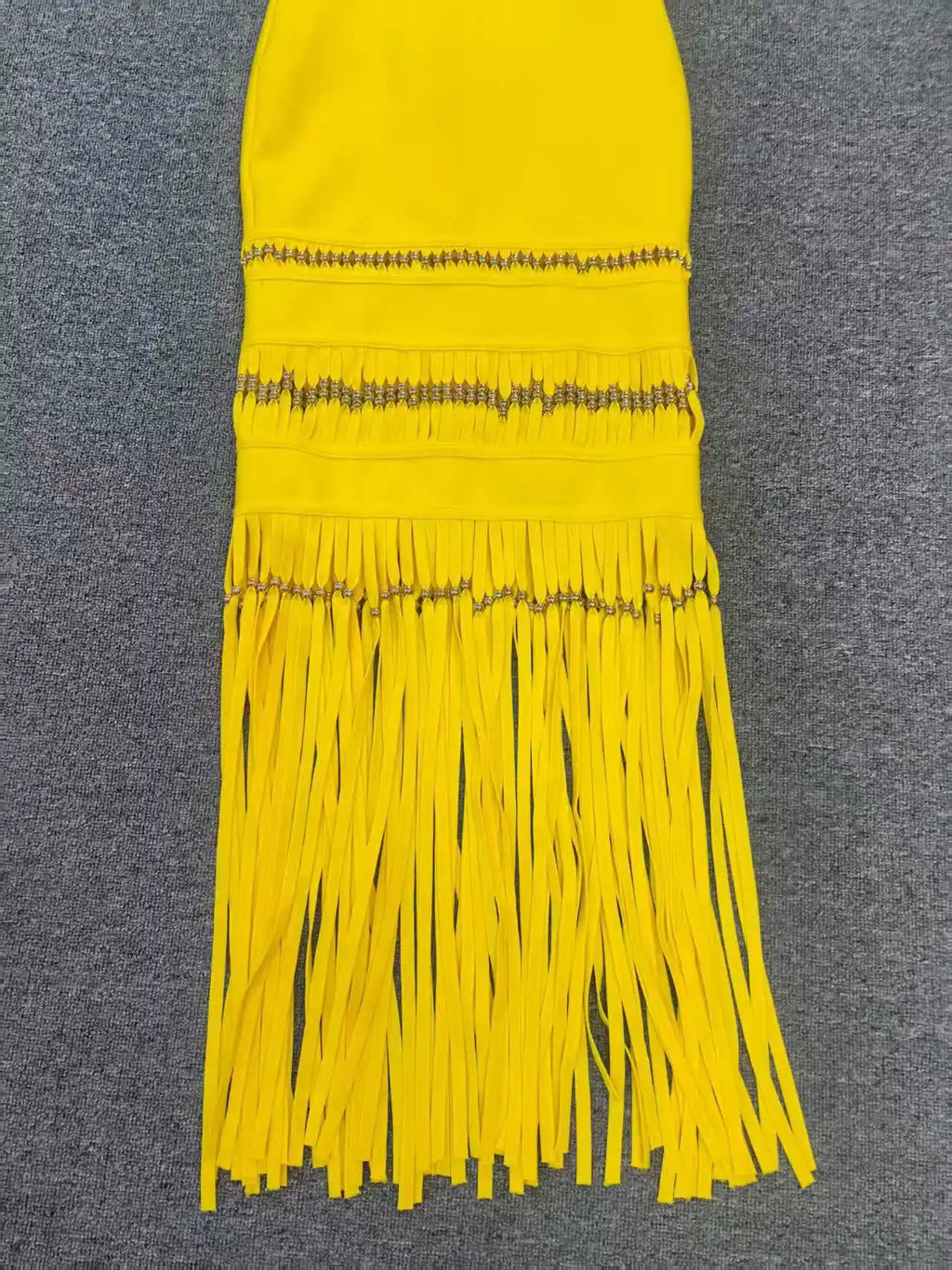 Fringe Hem Embellished Bandage Maxi Dress