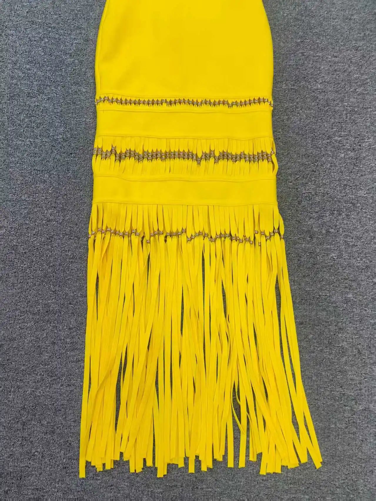 Fringe Hem Embellished Bandage Maxi Dress
