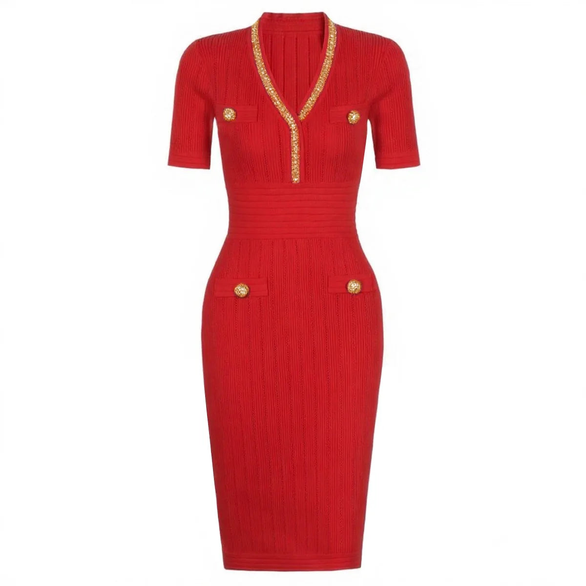 Embellished Trim Ribbed Knit Midi Dress