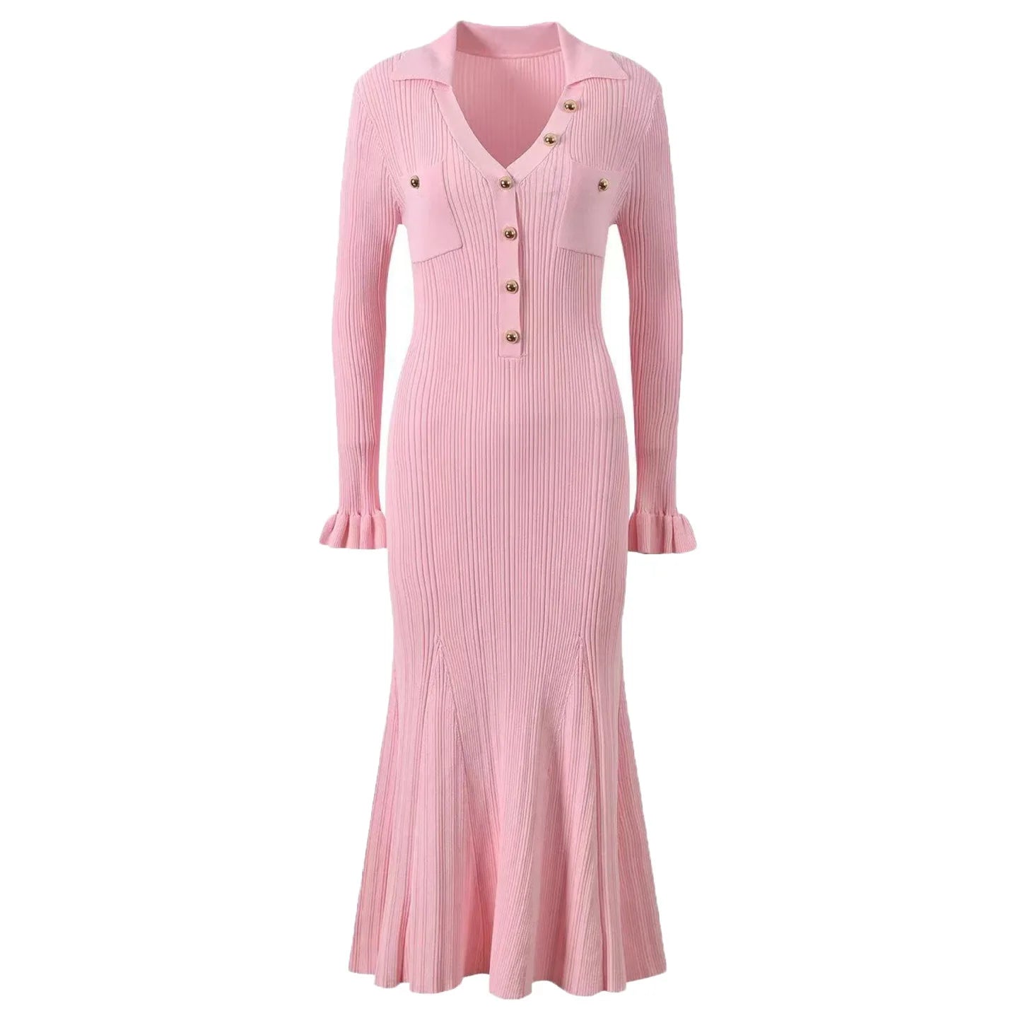 Long Sleeve Collared Knit Mermaid Dress