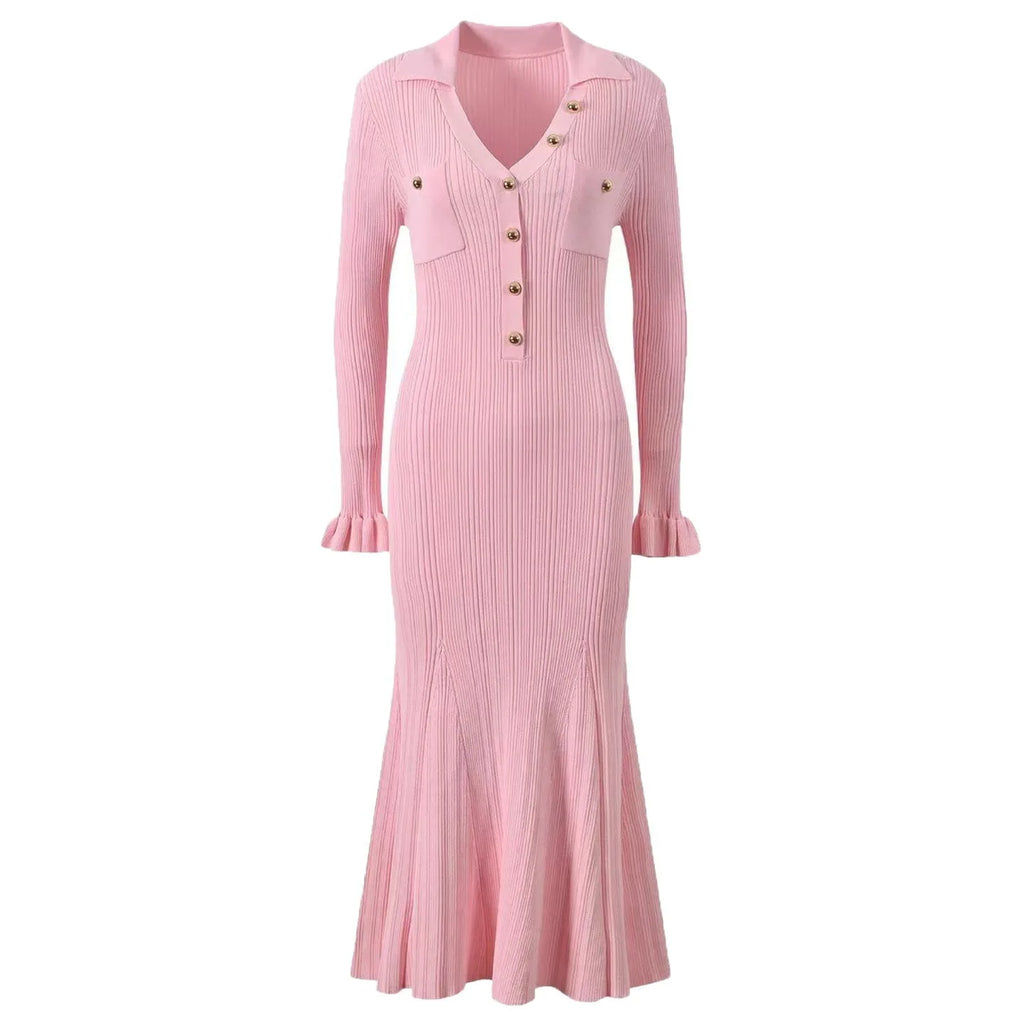 Long Sleeve Collared Knit Mermaid Dress
