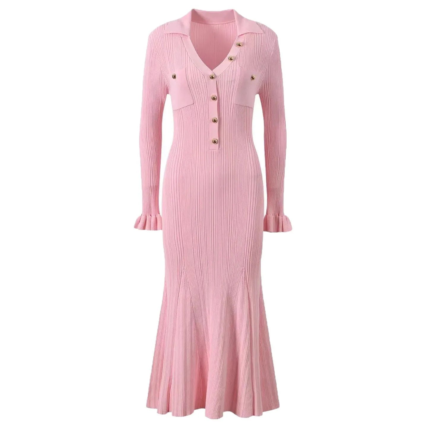 Long Sleeve Collared Knit Mermaid Dress