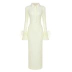 Feather Cuff Ribbed Knit Maxi Dress