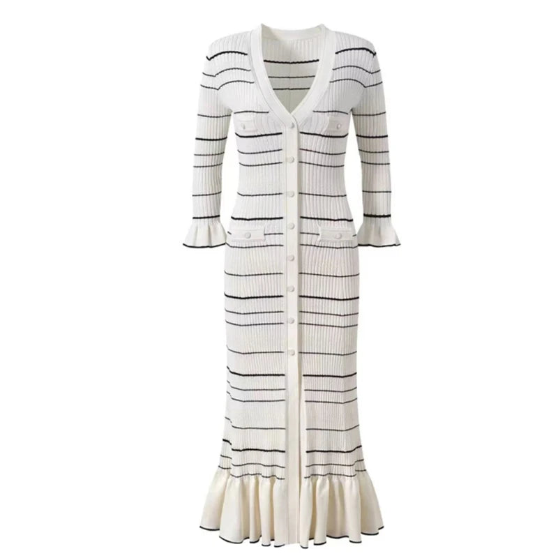 Striped Ribbed Knit Button-Down Midi Dress with Ruffle Hem