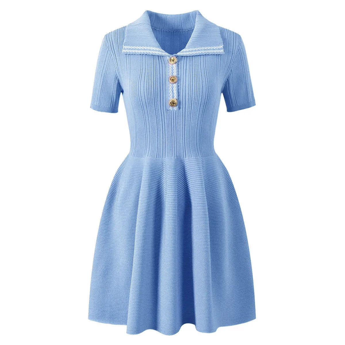 Collared Ribbed Knit Fit-and-Flare Mini Dress