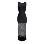Sleeveless Mesh Panel Maxi Dress with Fringe Hem