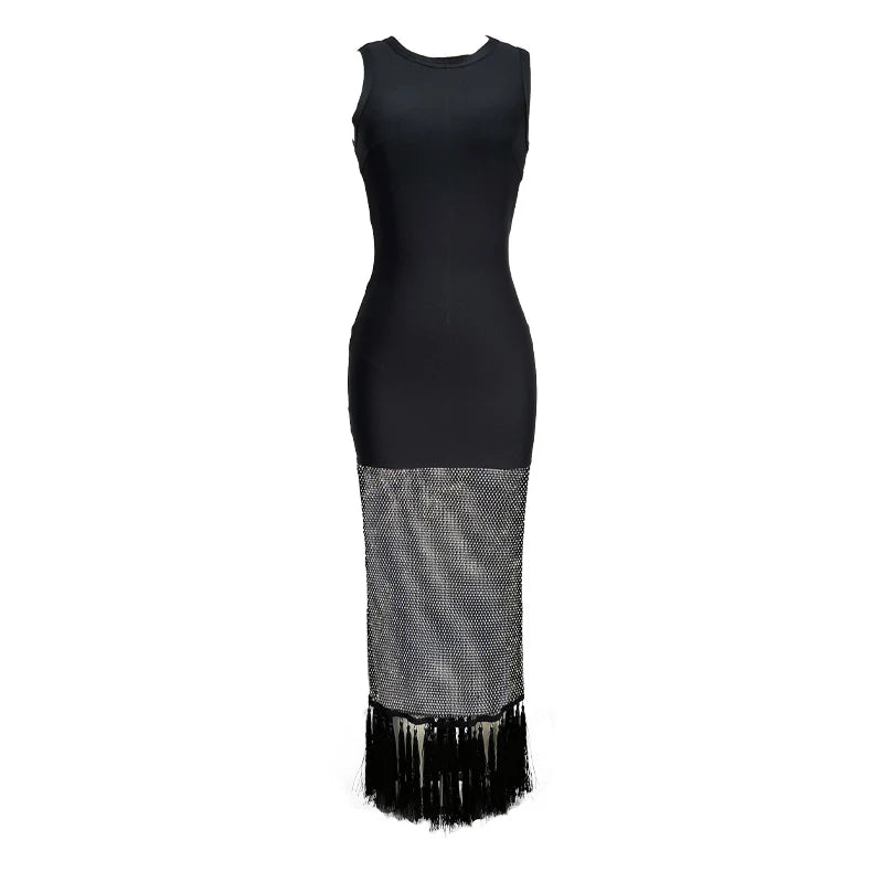 Sleeveless Mesh Panel Maxi Dress with Fringe Hem