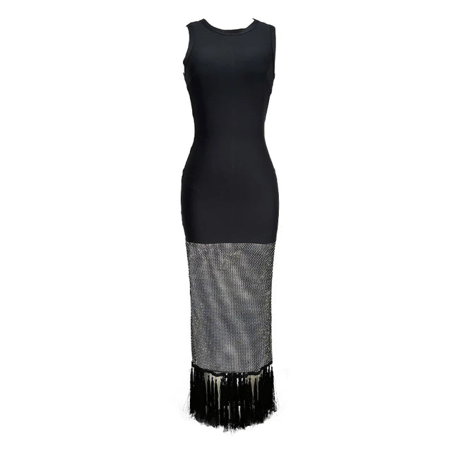 Sleeveless Mesh Panel Maxi Dress with Fringe Hem Main Image