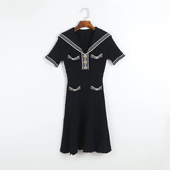 Textured Knit Mini Dress with Nautical Collar and Pocket Accents