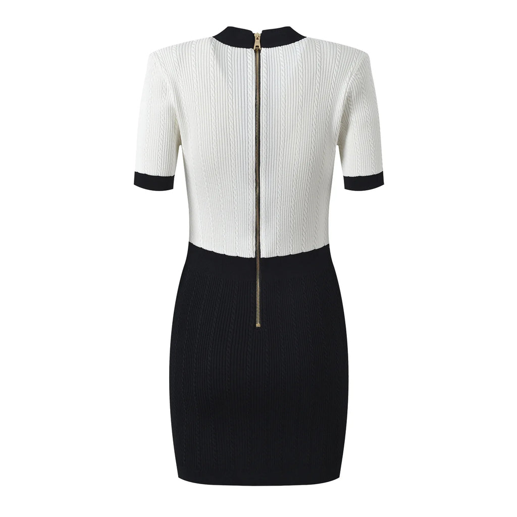 Contrast Panel Knit Mini Dress with Gold Button Detail