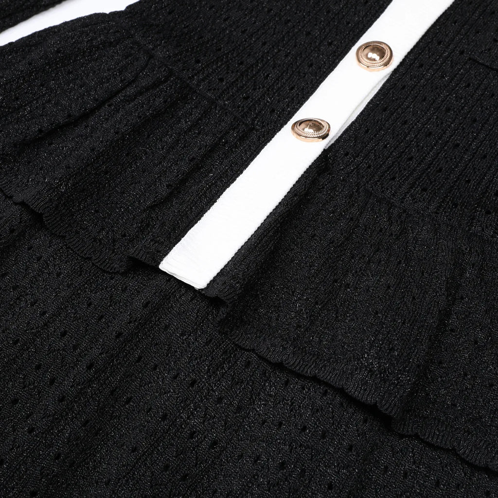 Contrast Trim Button-Front Knit Peplum Dress