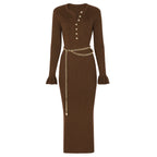 Button-Front Ribbed Knit Maxi Dress with Chain Belt