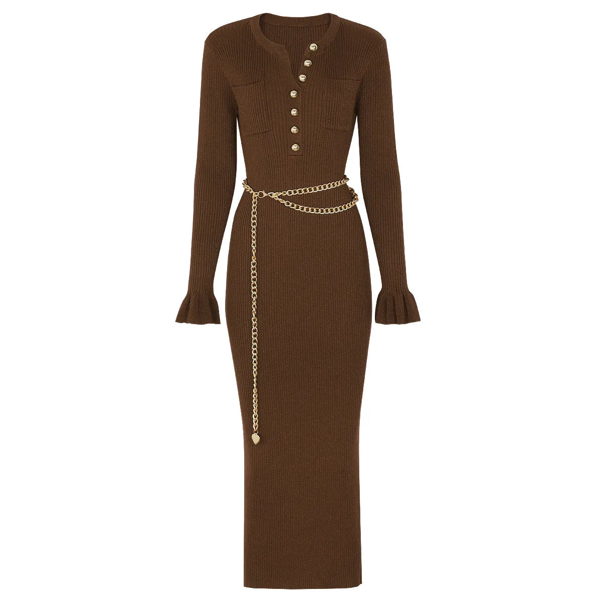 Button-Front Ribbed Knit Maxi Dress with Chain Belt