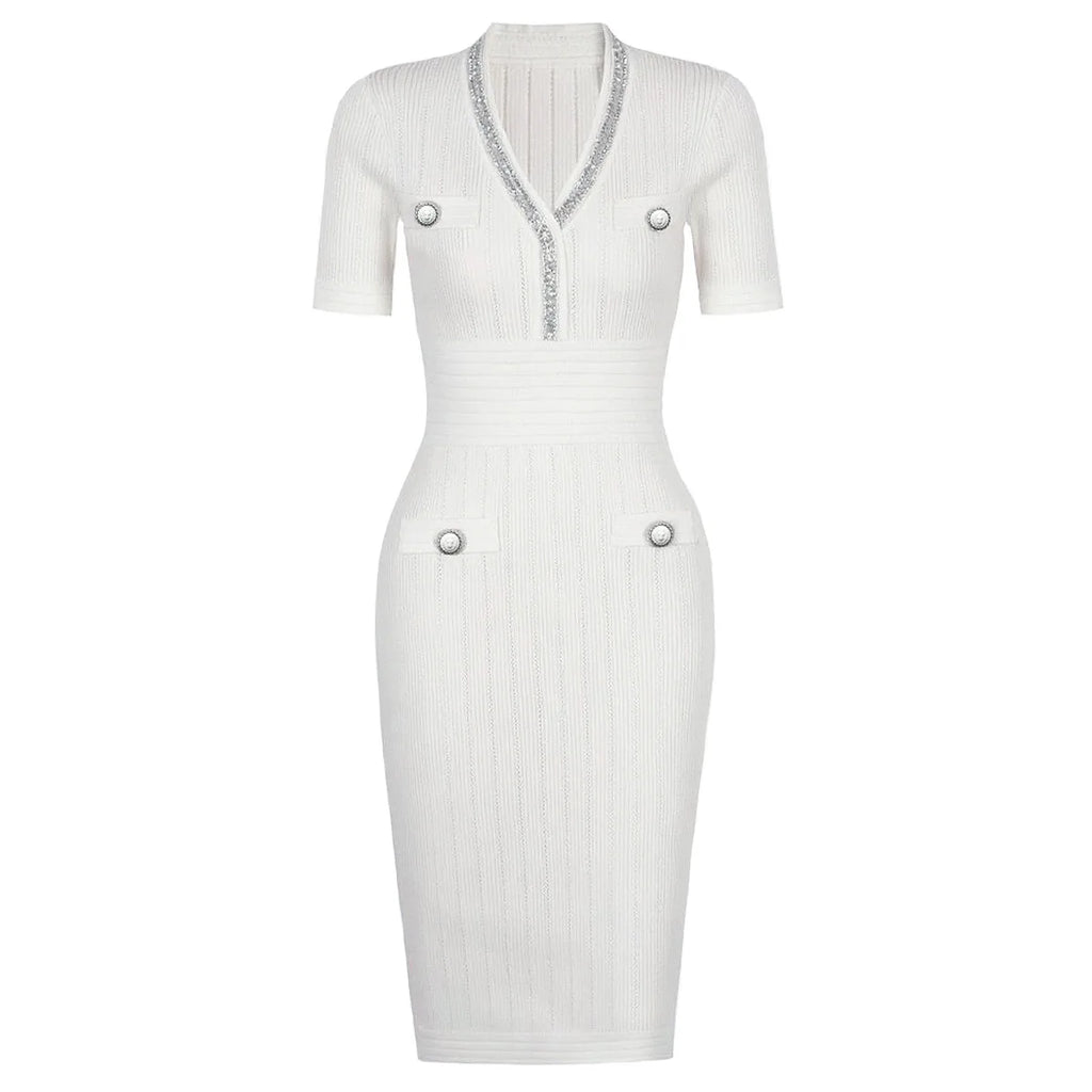 Embellished Trim Ribbed Knit Midi Dress