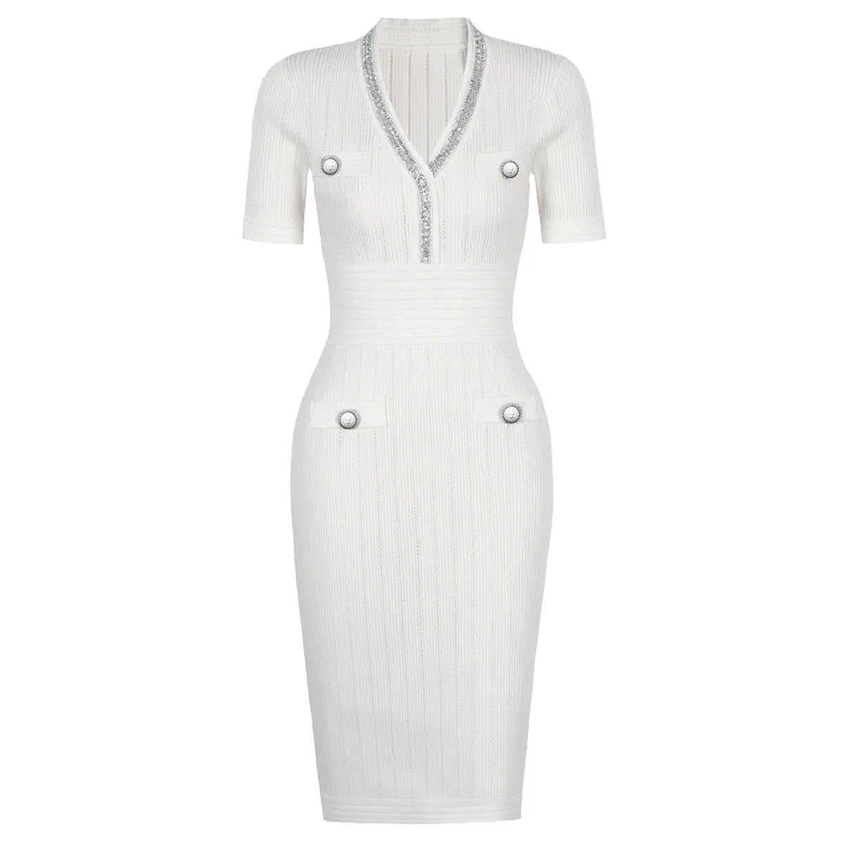Embellished Trim Ribbed Knit Midi Dress