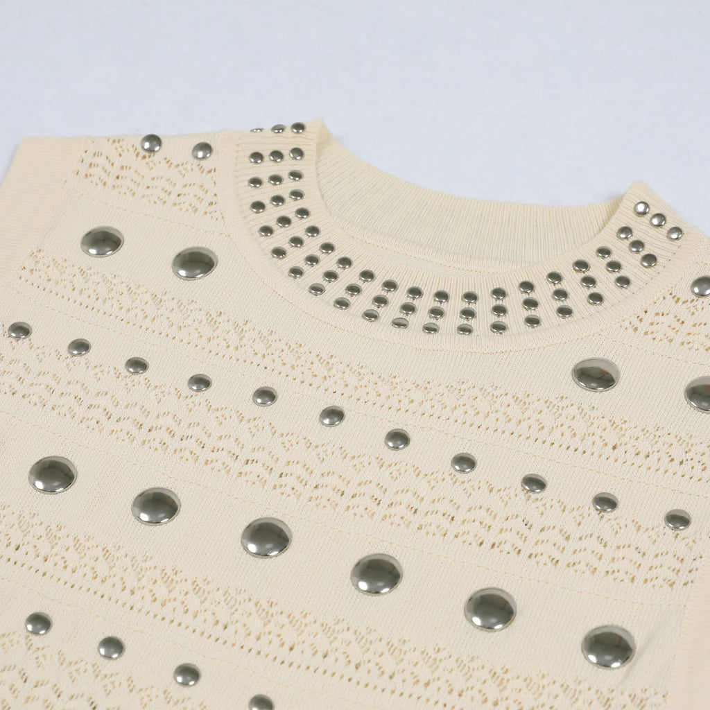 Embellished Knit Crochet Gown with Flounce Hem