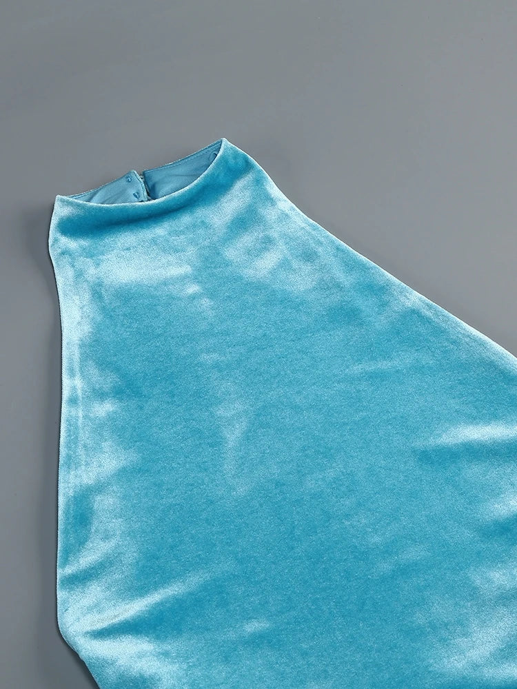 Halterneck Velvet Dress with Braided Fringe Hem