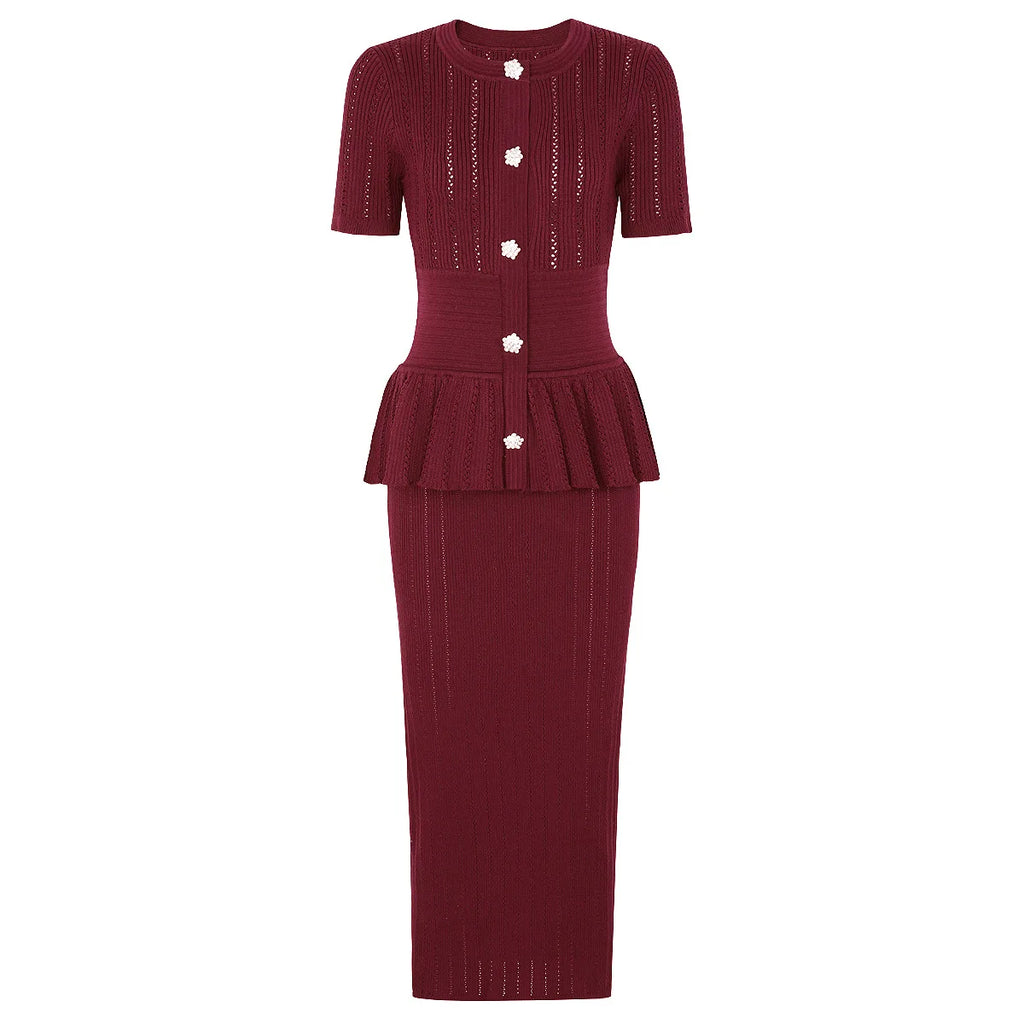 Peplum Button-Front Knit Top and Midi Skirt Set