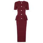 Peplum Button-Front Knit Top and Midi Skirt Set