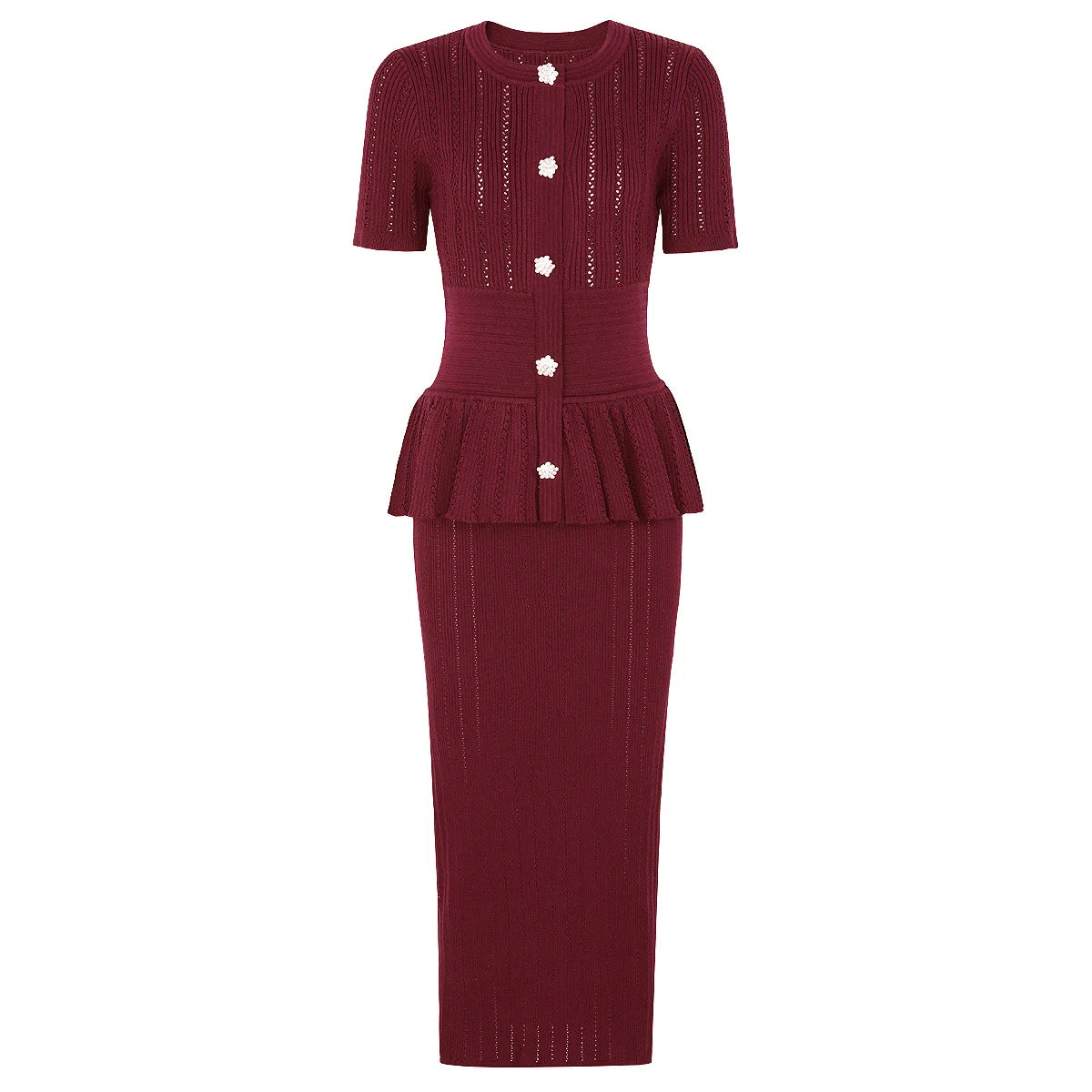 Peplum Button-Front Knit Top and Midi Skirt Set