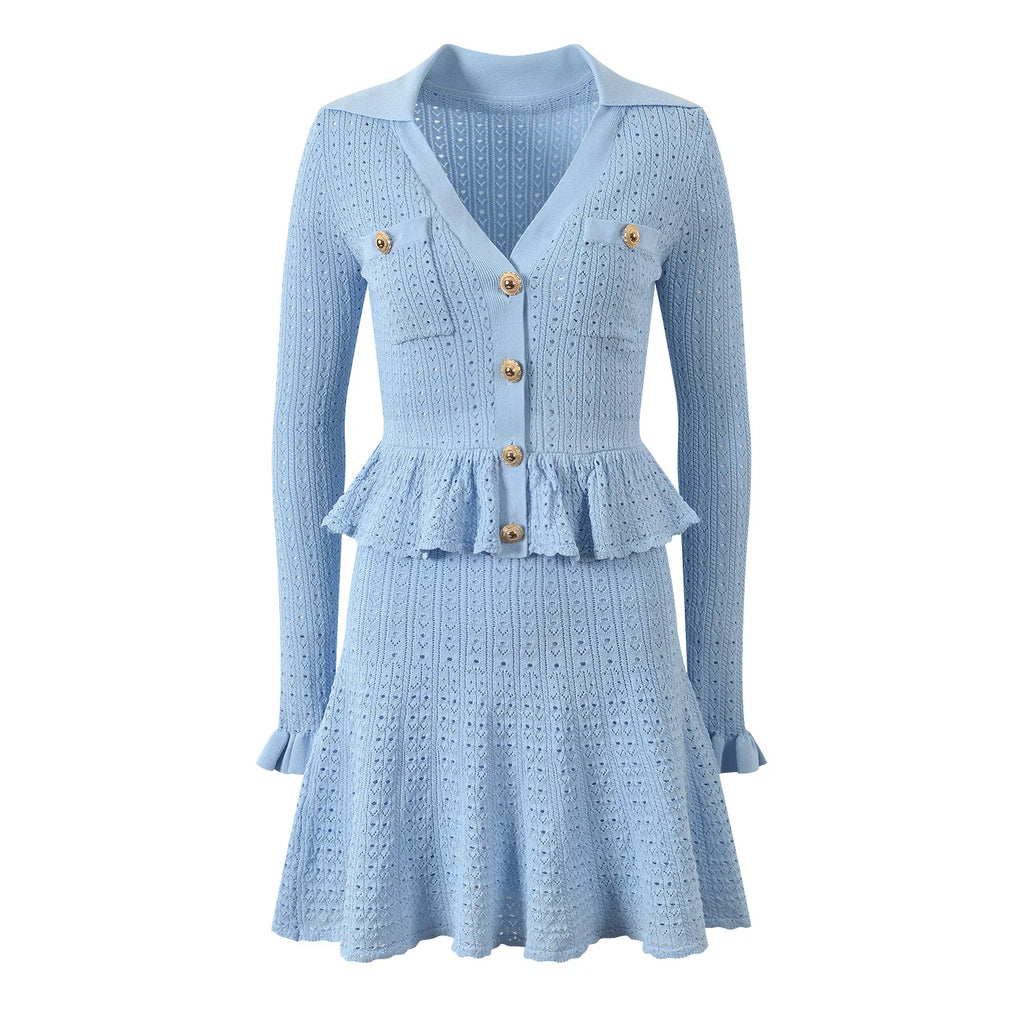 Button-Front Knit Peplum Dress with Flared Cuffs