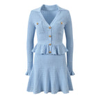 Button-Front Knit Peplum Dress with Flared Cuffs