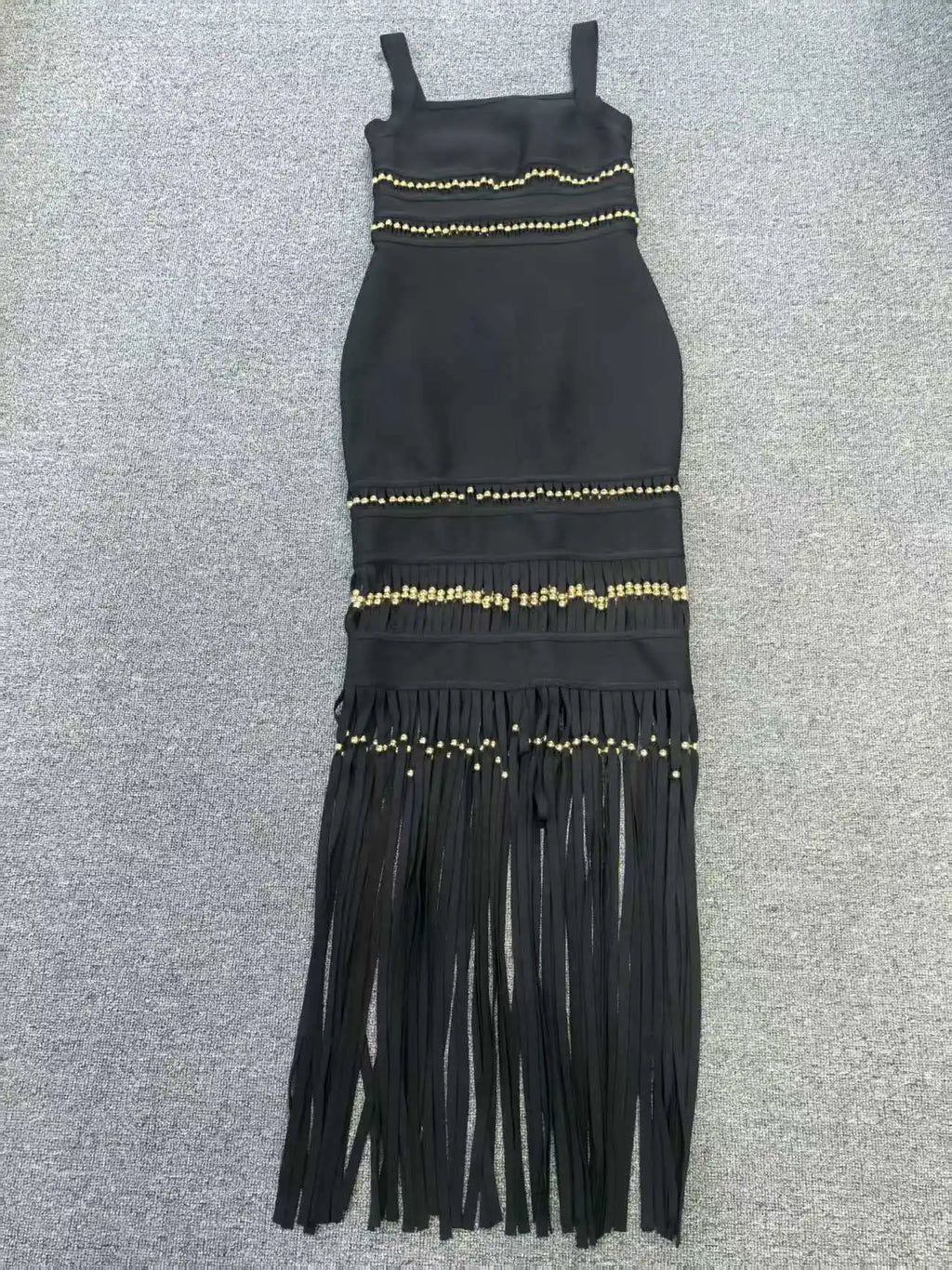 Fringe Hem Embellished Bandage Maxi Dress