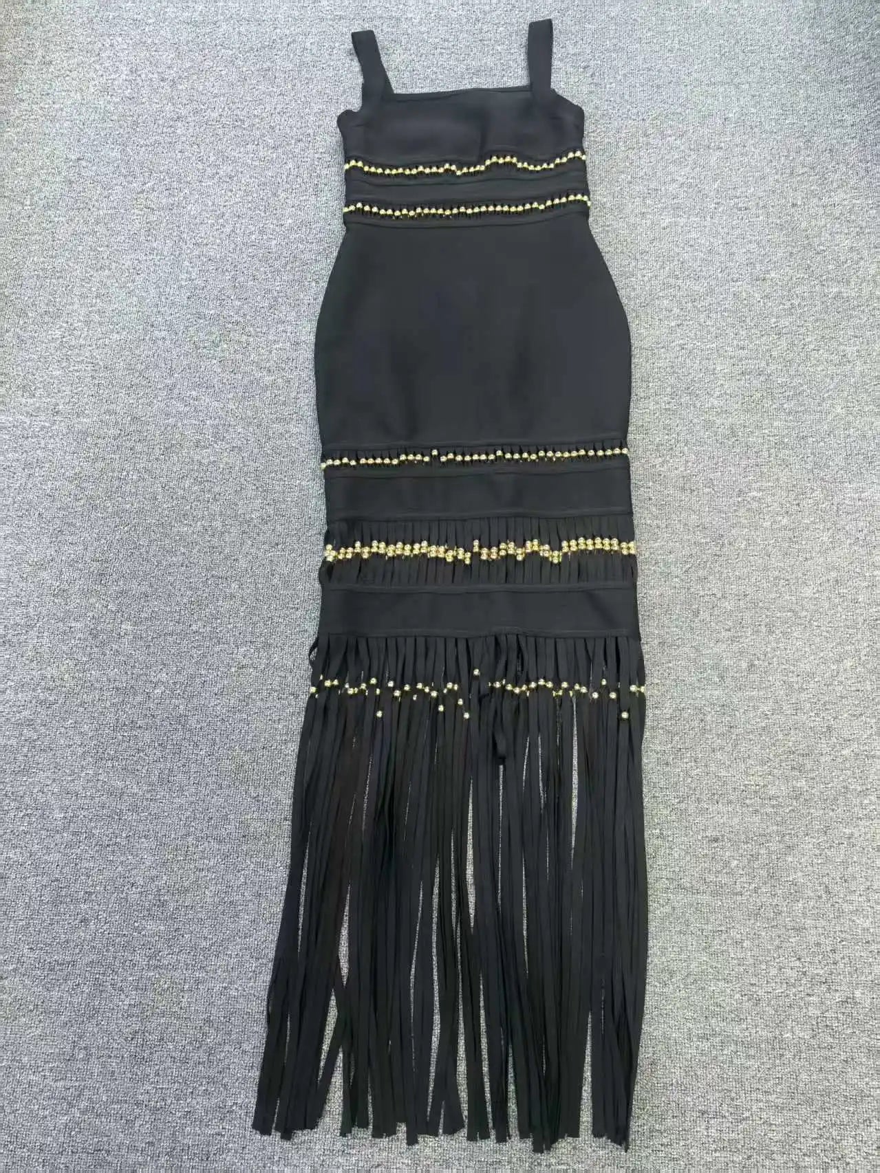 Fringe Hem Embellished Bandage Maxi Dress