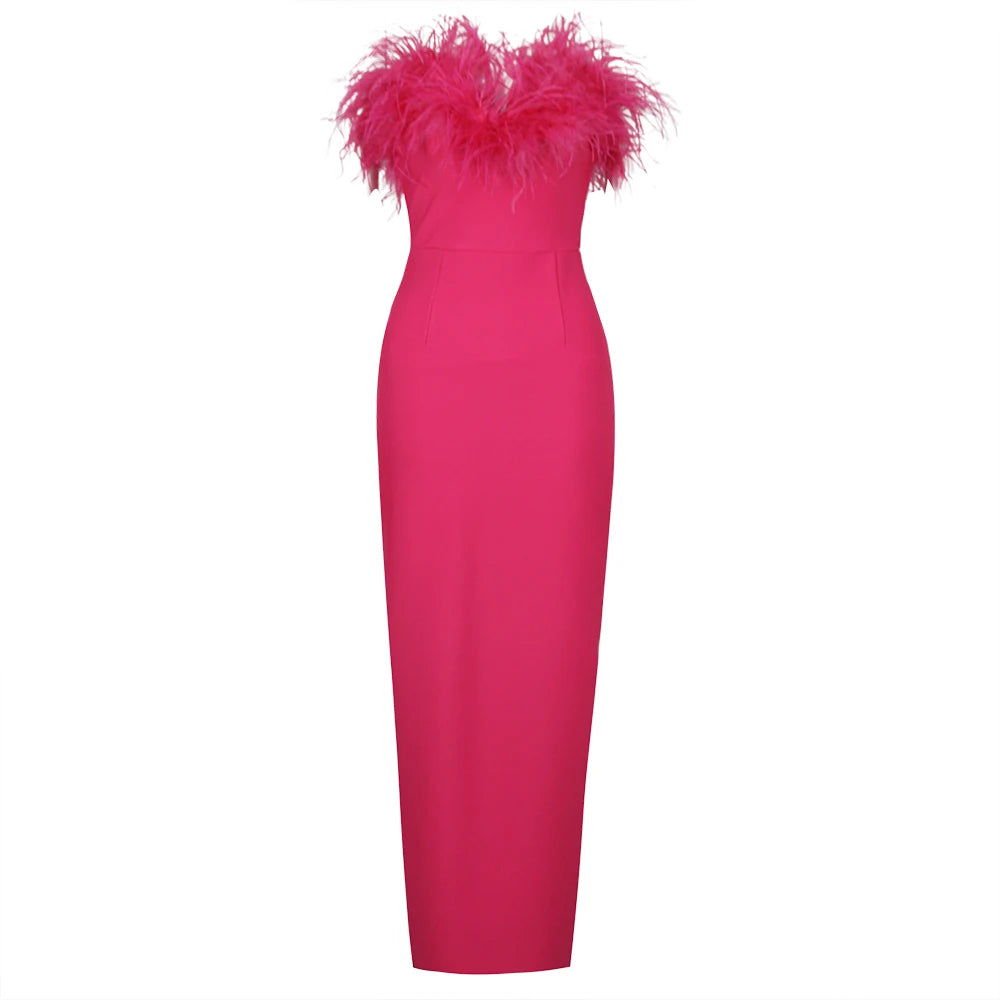 Feather Trim Strapless Column Gown