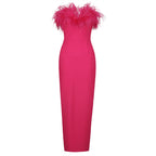Feather Trim Strapless Column Gown