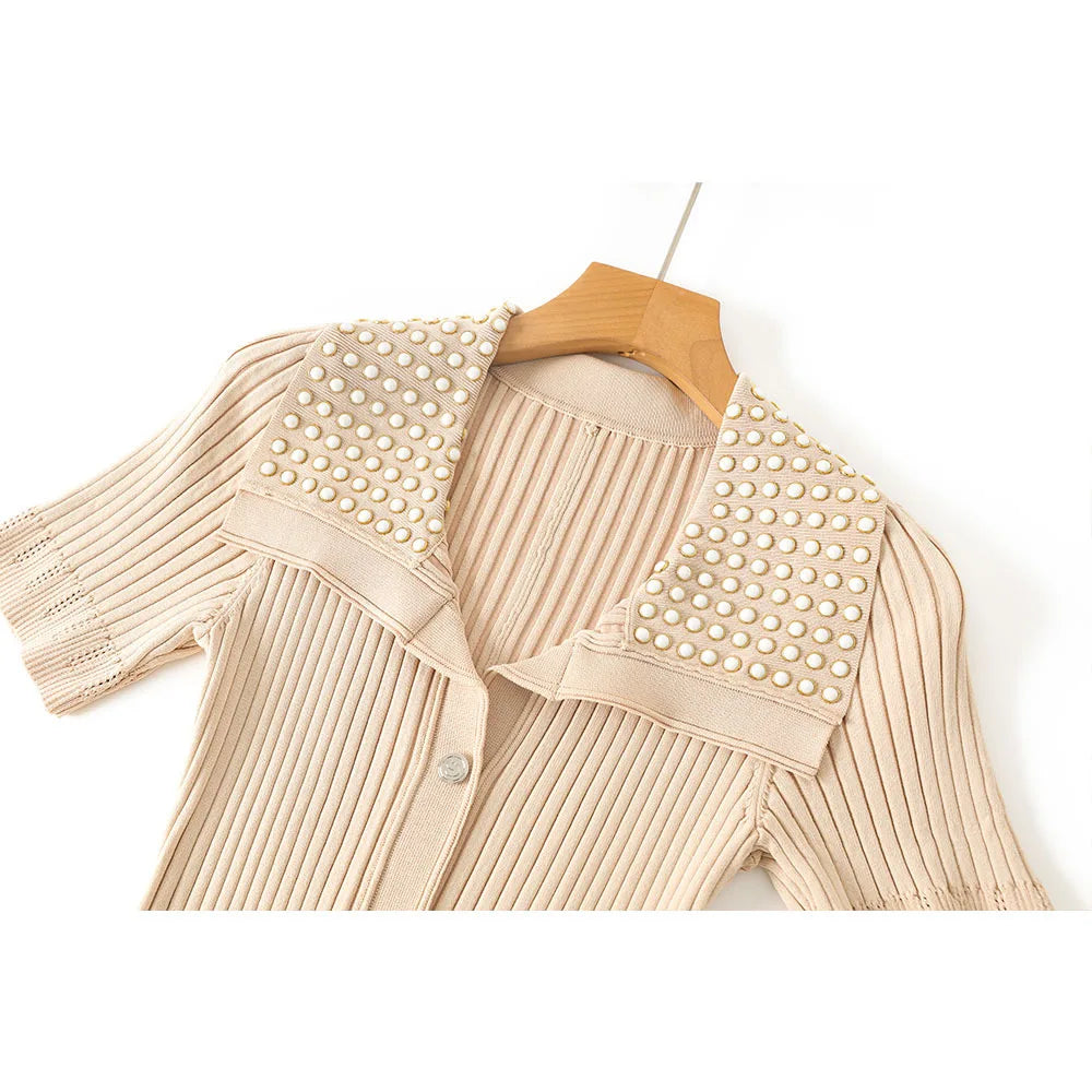 Embellished Collar Ribbed Button-Down Maxi Dress