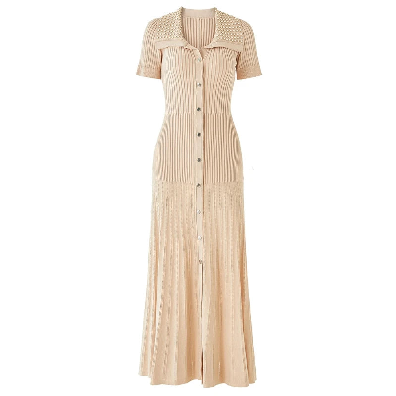 Embellished Collar Ribbed Button-Down Maxi Dress