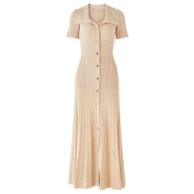Embellished Collar Ribbed Button-Down Maxi Dress Main Image