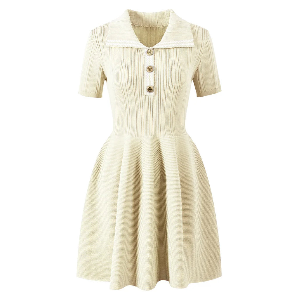 Collared Ribbed Knit Fit-and-Flare Mini Dress