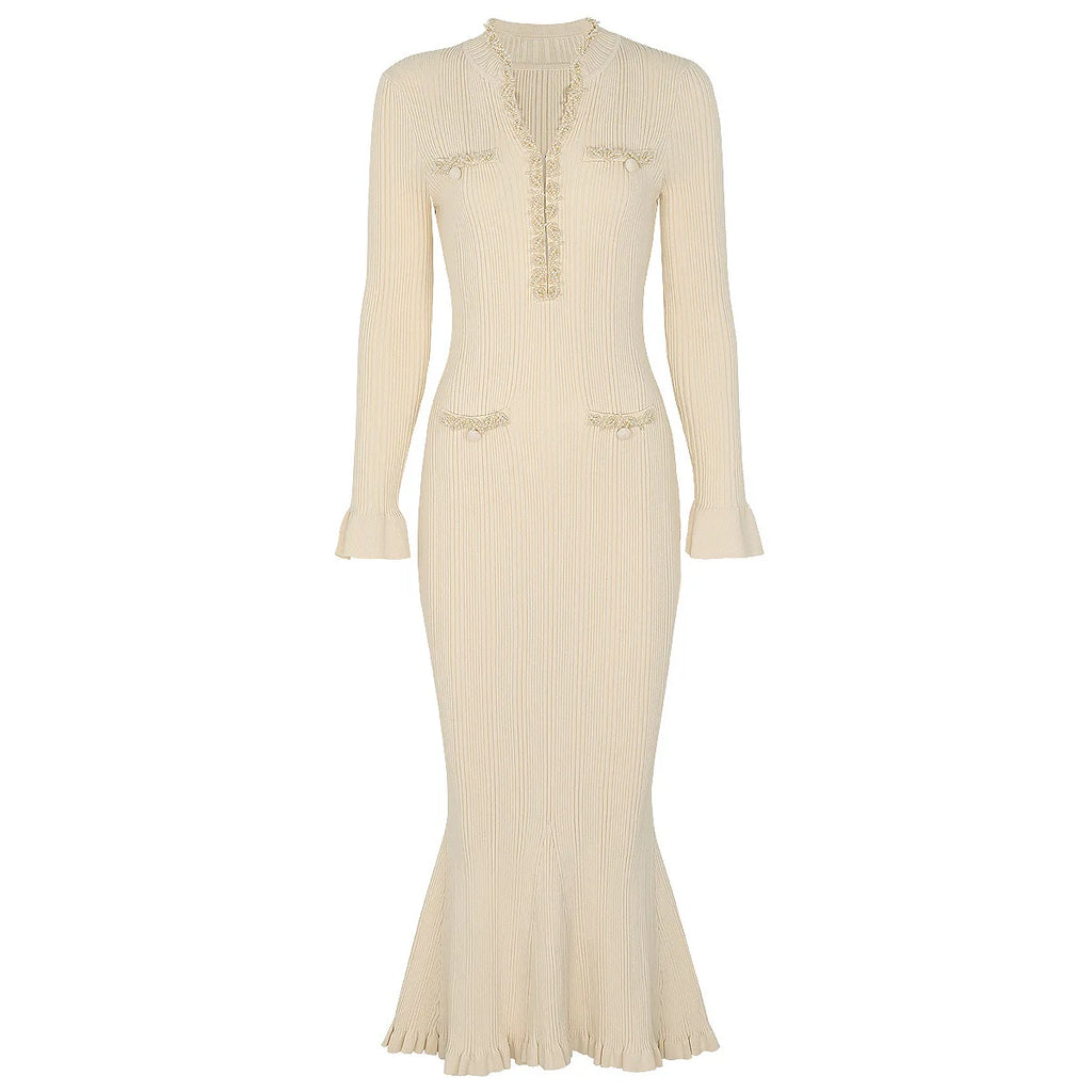 Ruffle Trim Ribbed Knit Mermaid Maxi Dress