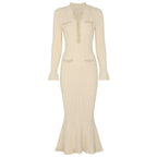 Ruffle Trim Ribbed Knit Mermaid Maxi Dress