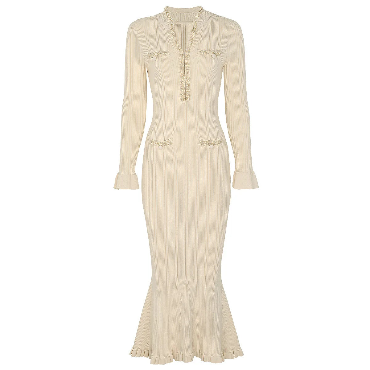 Ruffle Trim Ribbed Knit Mermaid Maxi Dress