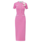 Button-Front Knit Midi Dress with Contrast Trim and Floral Accent