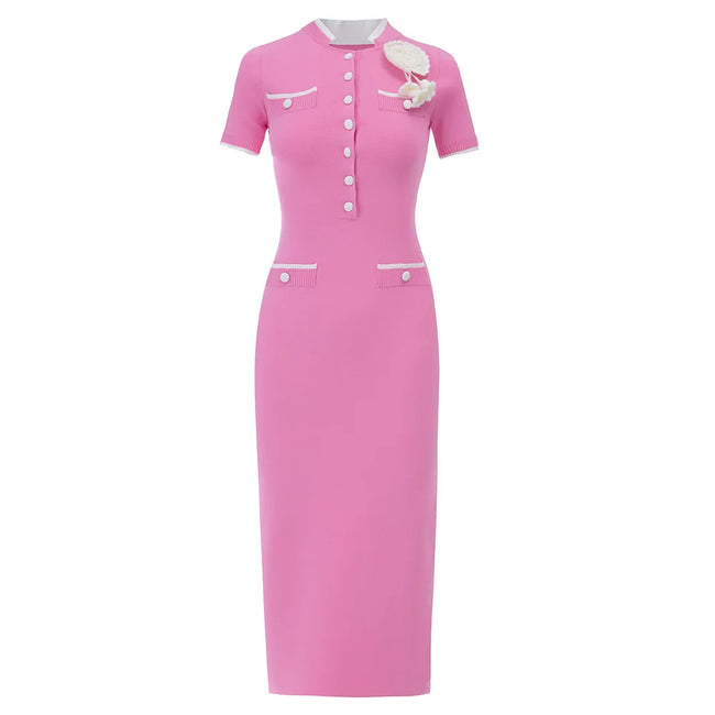 Button-Front Knit Midi Dress with Contrast Trim and Floral Accent Main Image