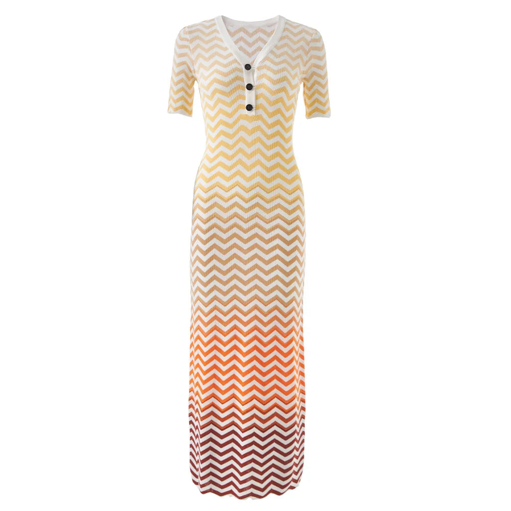 Chevron Pattern Button-Front Knit Maxi Dress