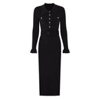 Belted Ribbed Knit Midi Dress with Button Detail