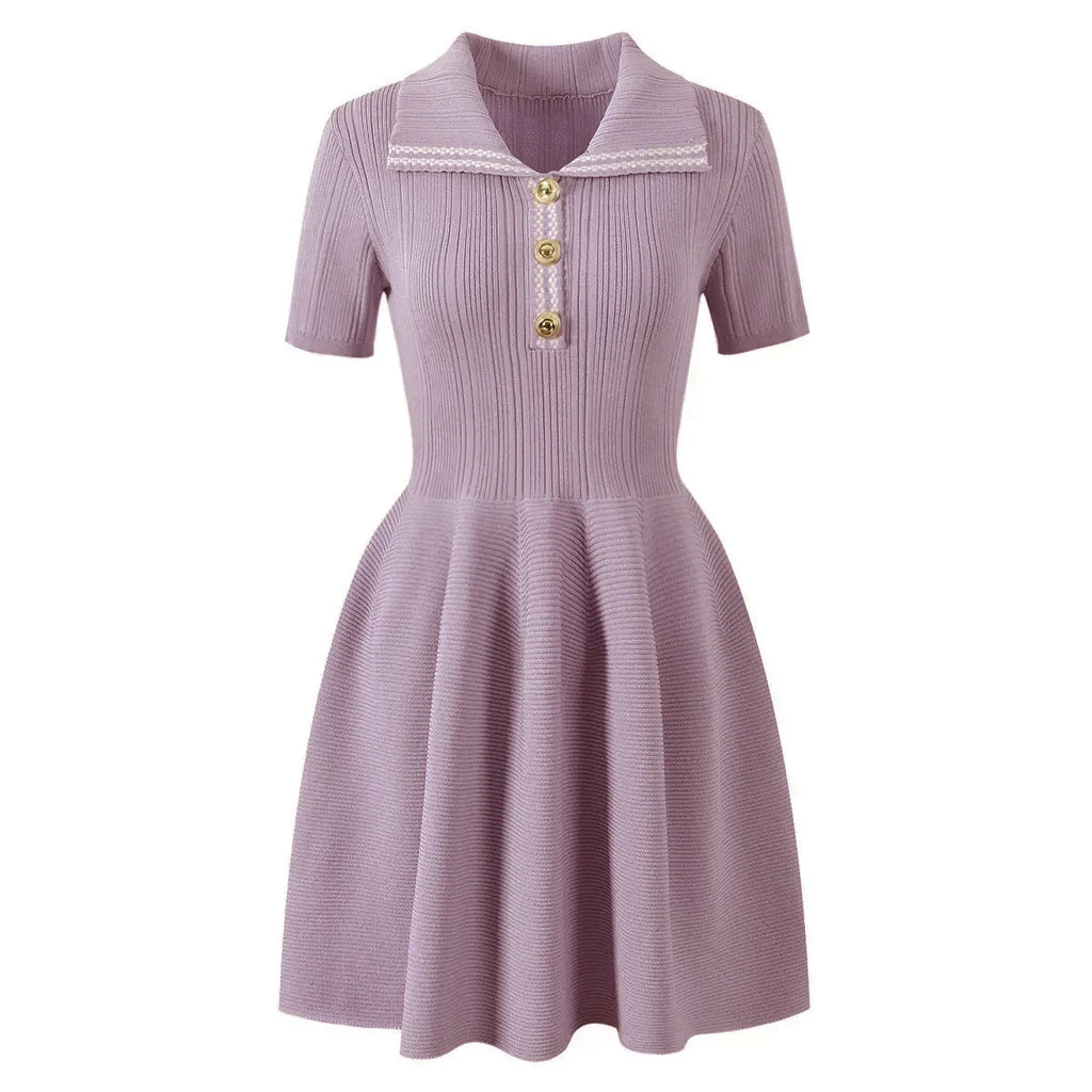 Collared Ribbed Knit Fit-and-Flare Mini Dress