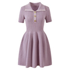 Collared Ribbed Knit Fit-and-Flare Mini Dress