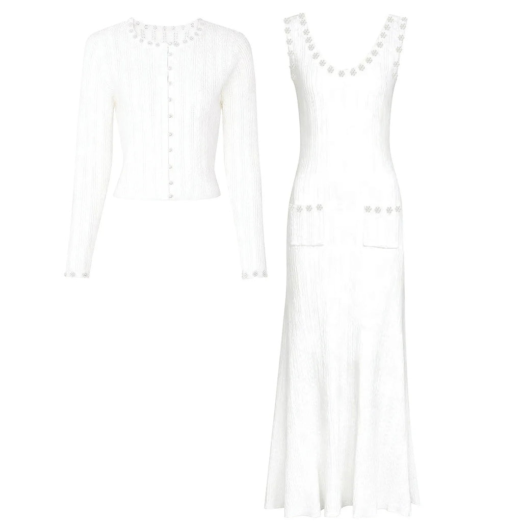 Embellished Trim Knit Dress and Cardigan Set