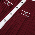 Contrast Trim Button-Front Pleated Knit Midi Dress