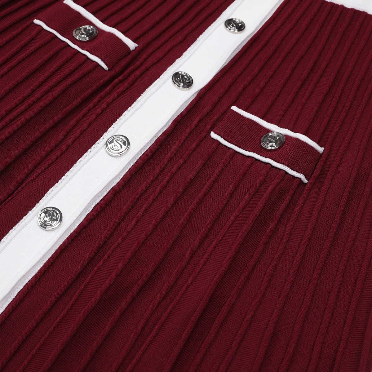 Contrast Trim Button-Front Pleated Knit Midi Dress