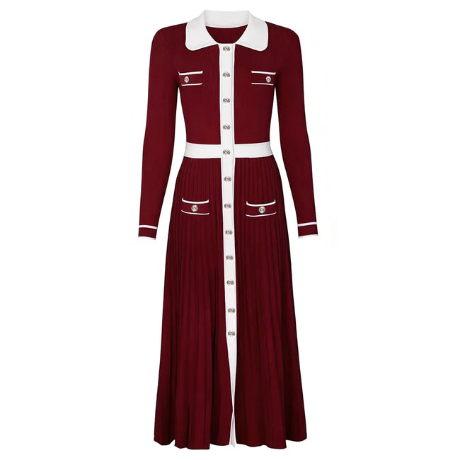 Contrast Trim Button-Front Pleated Knit Midi Dress Main Image