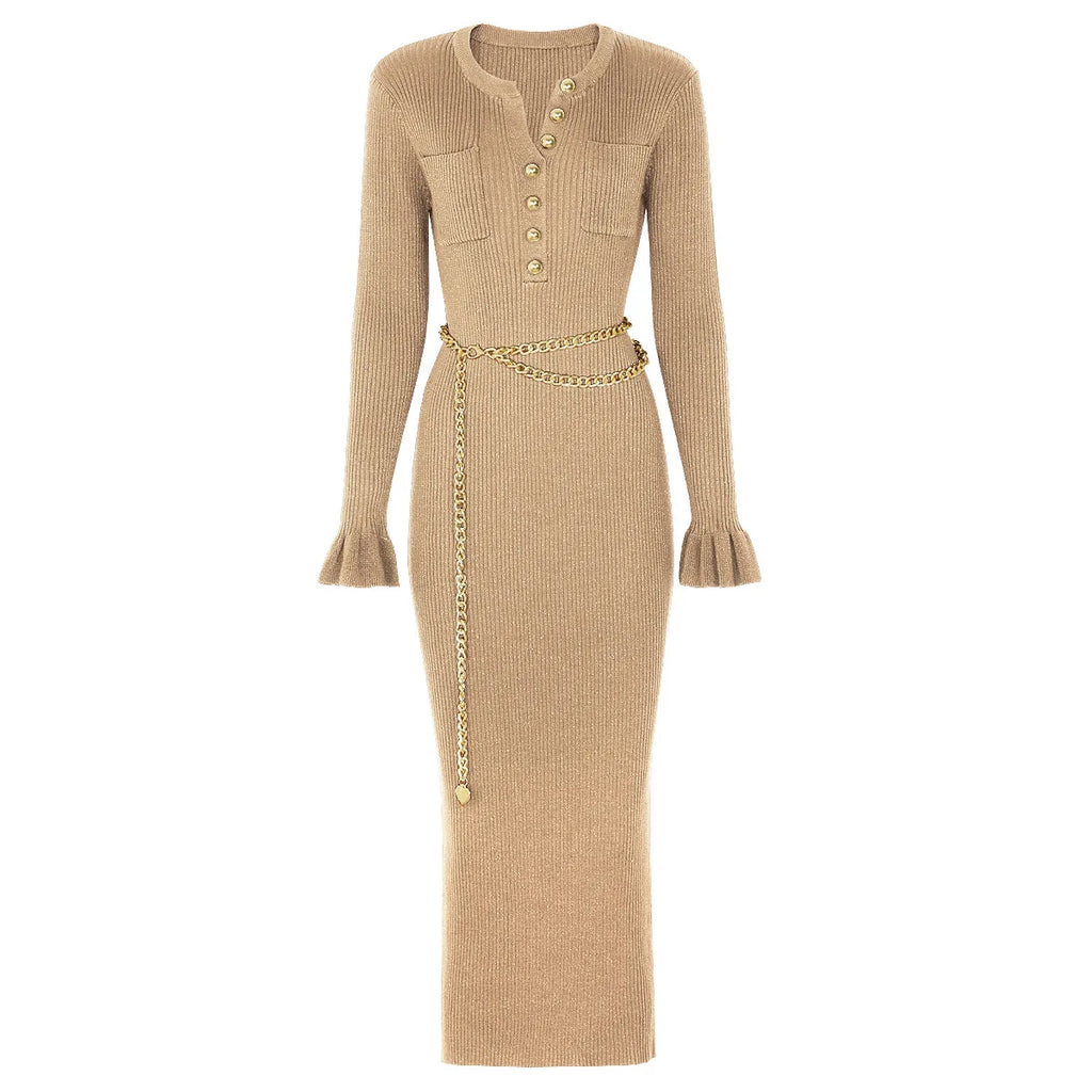 Button-Front Ribbed Knit Maxi Dress with Chain Belt
