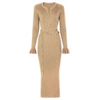 Button-Front Ribbed Knit Maxi Dress with Chain Belt